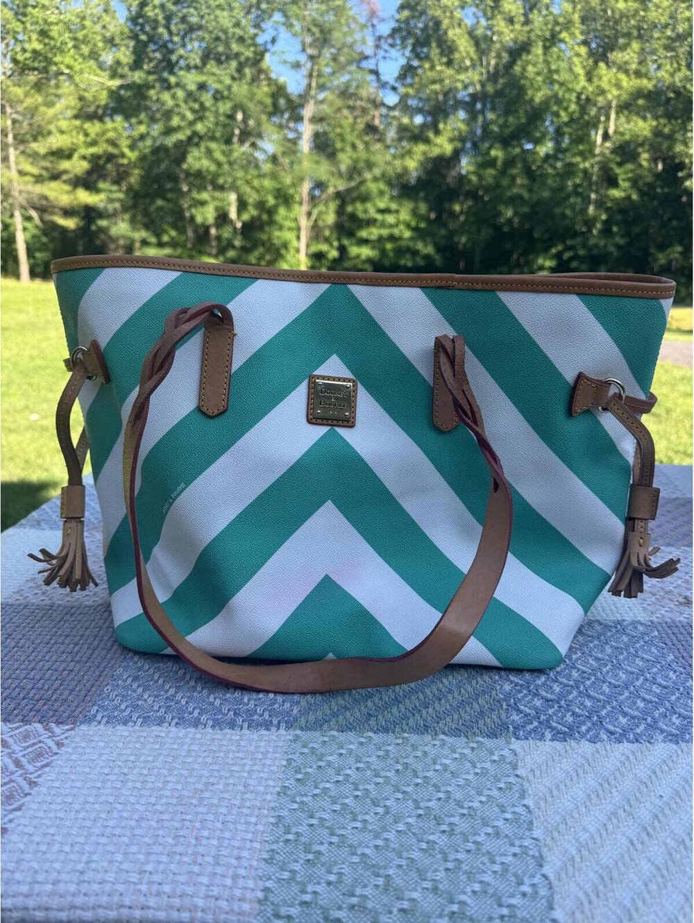 Dooney & Bourke Green and White Chevron Tote Bag